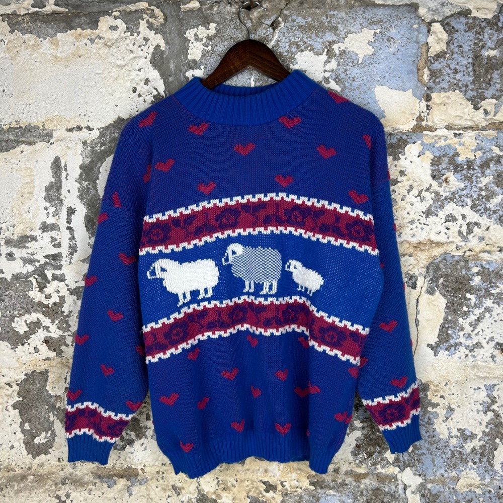 VIntage Private Eyes Sheep Heart Sweater Womens Large Blue USA Knit Retro Granny